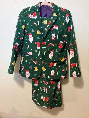 Kids Green Santa Print Holiday Suit-Jacket, Pants and Tie